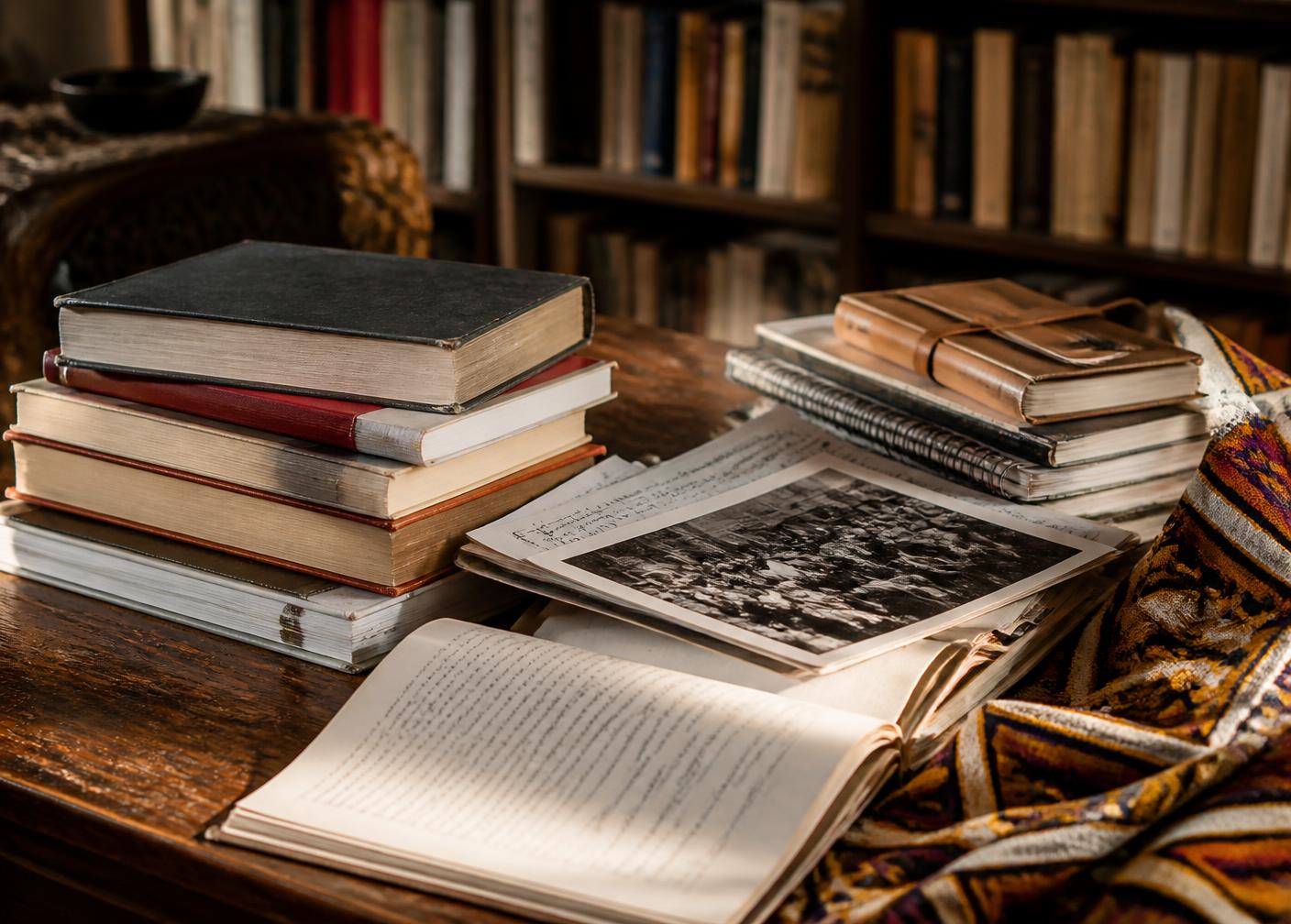 Livres, revues et notes manuscrites posés sur une table de bibliothèque